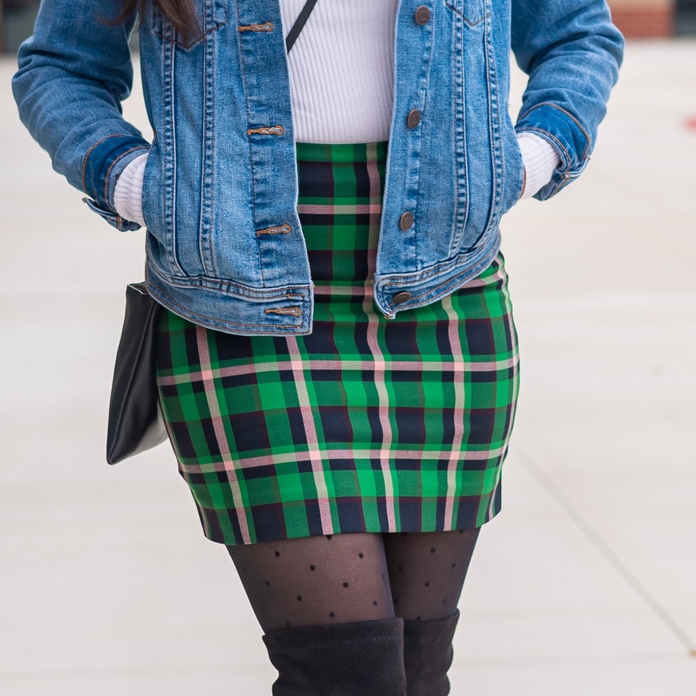 Green and pink tartan plaid mini skirt